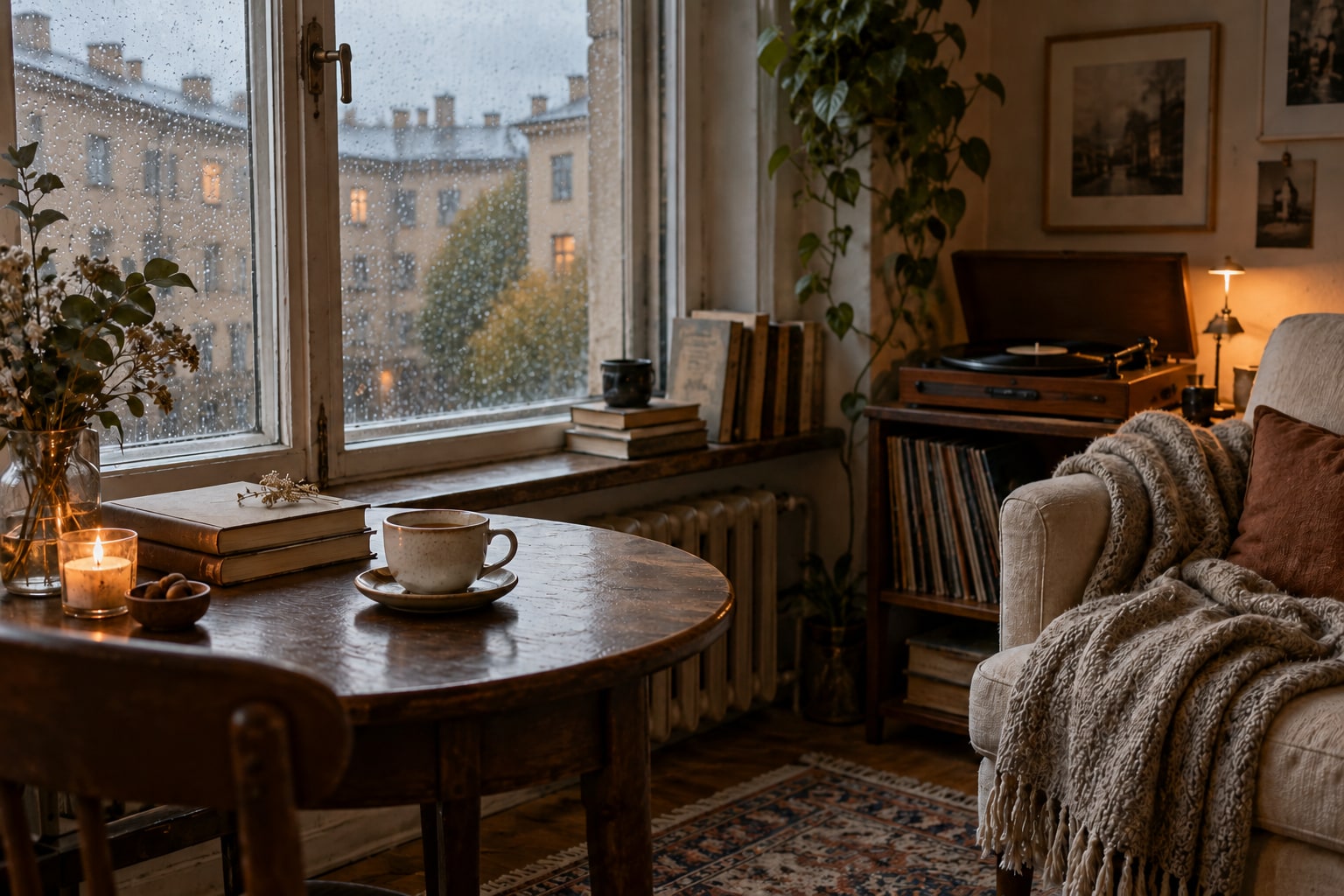 Генеративная иллюстрация: домашний вечер у окна, книги и проигрыватель