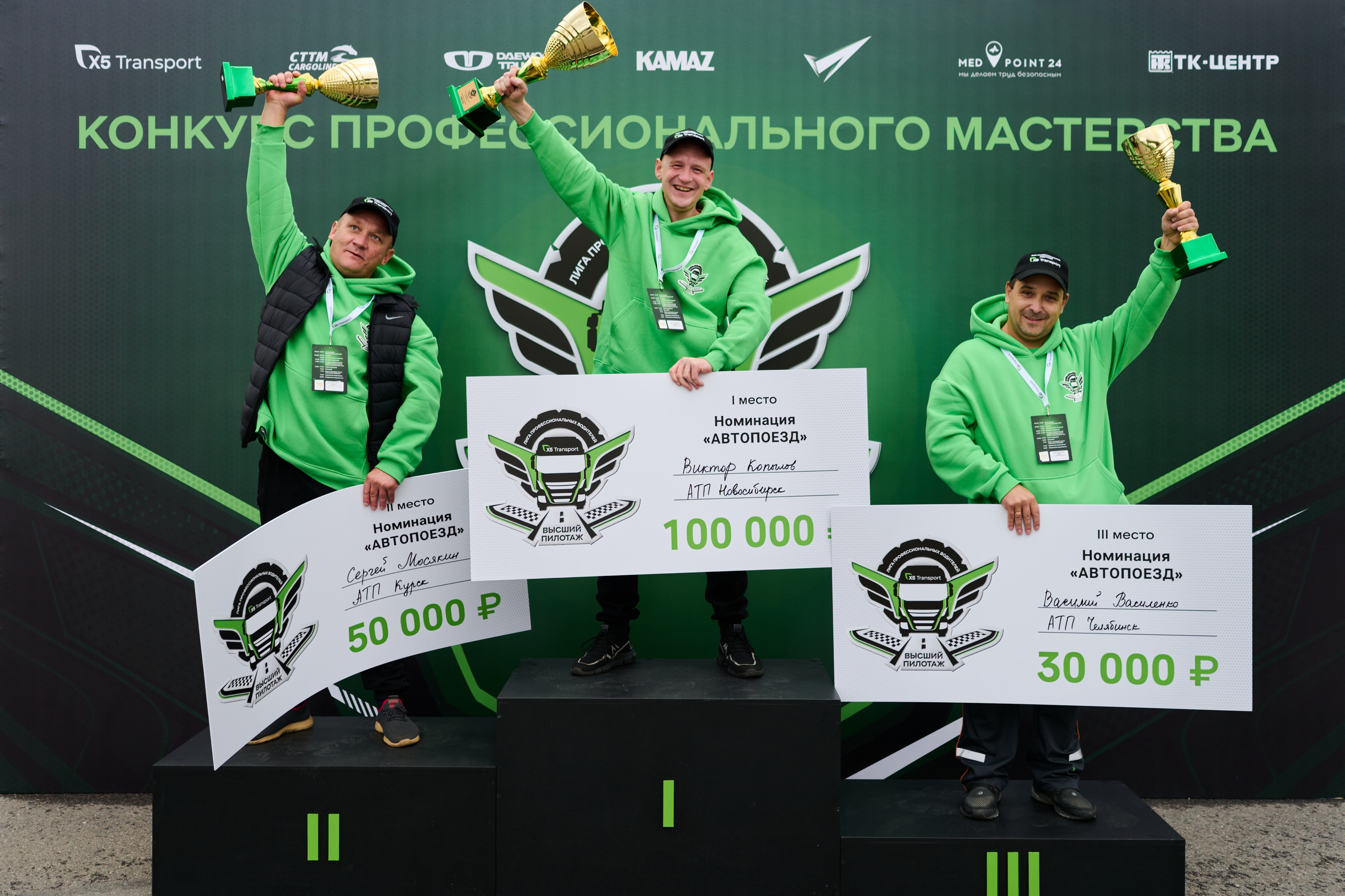 Победители турнира на пьедестале с кубками и призами